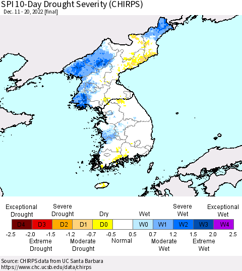Korea SPI 10-Day Drought Severity (CHIRPS) Thematic Map For 12/11/2022 - 12/20/2022