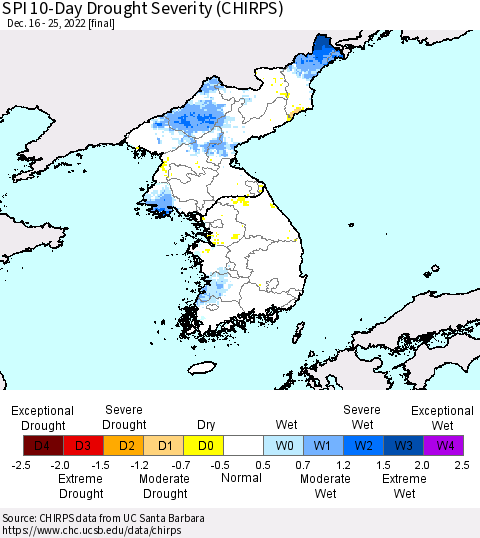Korea SPI 10-Day Drought Severity (CHIRPS) Thematic Map For 12/16/2022 - 12/25/2022