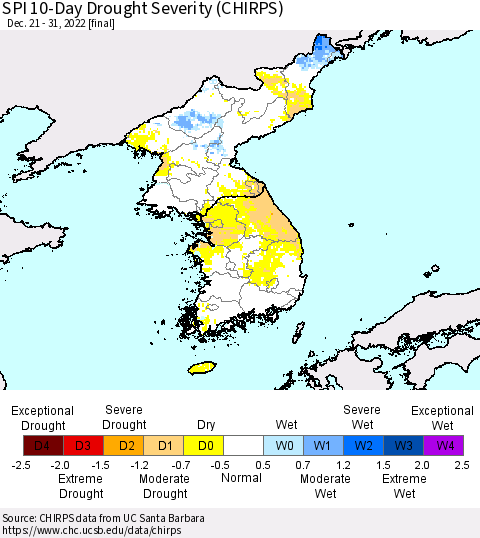 Korea SPI 10-Day Drought Severity (CHIRPS) Thematic Map For 12/21/2022 - 12/31/2022
