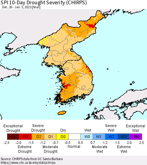 Korea SPI 10-Day Drought Severity (CHIRPS) Thematic Map For 12/26/2022 - 1/5/2023