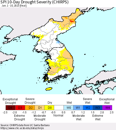 Korea SPI 10-Day Drought Severity (CHIRPS) Thematic Map For 1/1/2023 - 1/10/2023