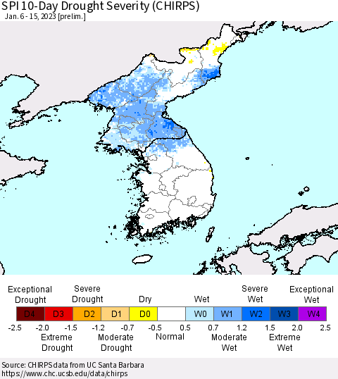 Korea SPI 10-Day Drought Severity (CHIRPS) Thematic Map For 1/6/2023 - 1/15/2023