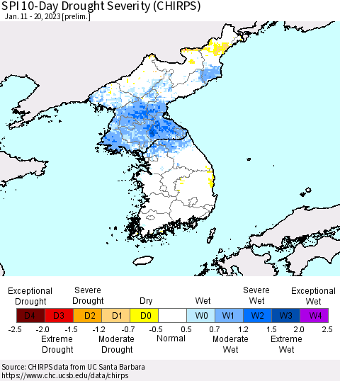 Korea SPI 10-Day Drought Severity (CHIRPS) Thematic Map For 1/11/2023 - 1/20/2023