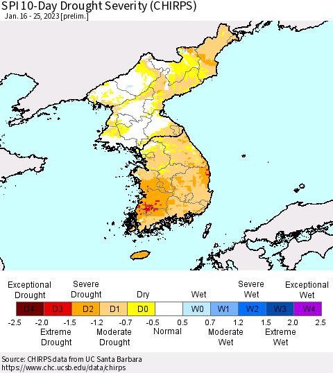 Korea SPI 10-Day Drought Severity (CHIRPS) Thematic Map For 1/16/2023 - 1/25/2023