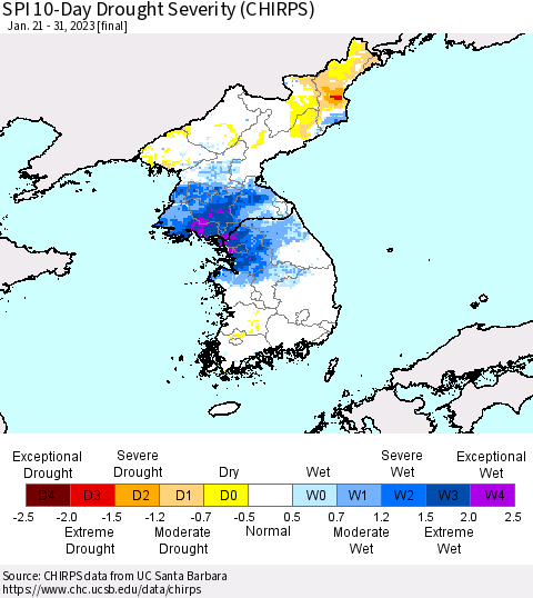 Korea SPI 10-Day Drought Severity (CHIRPS) Thematic Map For 1/21/2023 - 1/31/2023
