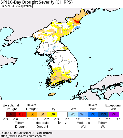 Korea SPI 10-Day Drought Severity (CHIRPS) Thematic Map For 1/21/2023 - 1/31/2023