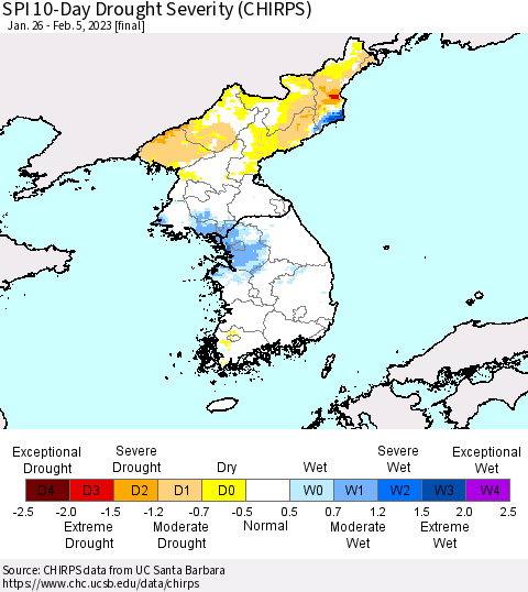 Korea SPI 10-Day Drought Severity (CHIRPS) Thematic Map For 1/26/2023 - 2/5/2023
