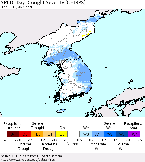 Korea SPI 10-Day Drought Severity (CHIRPS) Thematic Map For 2/6/2023 - 2/15/2023