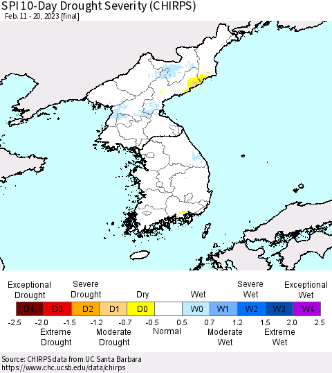 Korea SPI 10-Day Drought Severity (CHIRPS) Thematic Map For 2/11/2023 - 2/20/2023