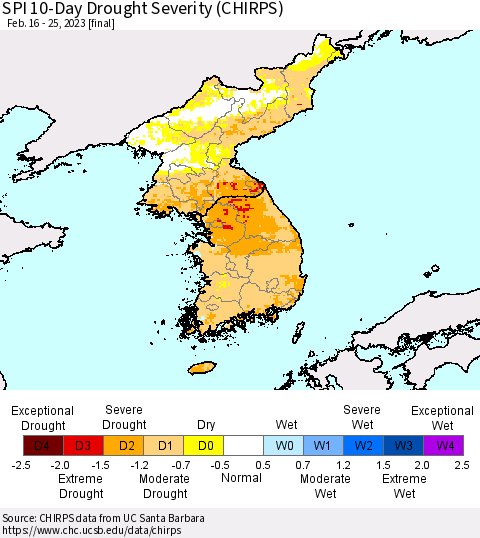 Korea SPI 10-Day Drought Severity (CHIRPS) Thematic Map For 2/16/2023 - 2/25/2023
