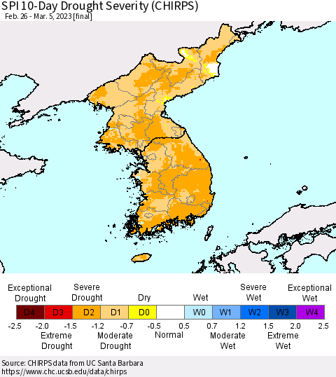Korea SPI 10-Day Drought Severity (CHIRPS) Thematic Map For 2/26/2023 - 3/5/2023