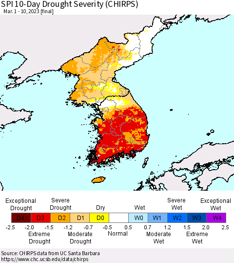 Korea SPI 10-Day Drought Severity (CHIRPS) Thematic Map For 3/1/2023 - 3/10/2023