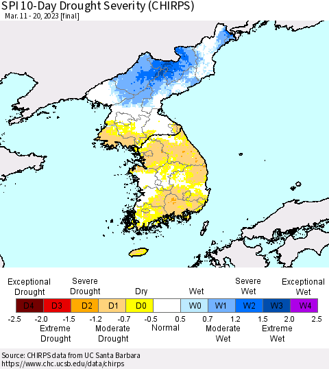Korea SPI 10-Day Drought Severity (CHIRPS) Thematic Map For 3/11/2023 - 3/20/2023