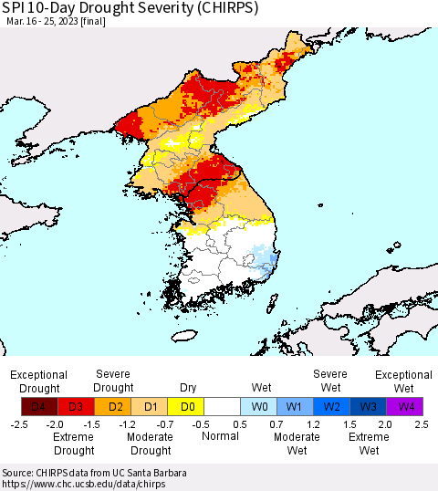 Korea SPI 10-Day Drought Severity (CHIRPS) Thematic Map For 3/16/2023 - 3/25/2023
