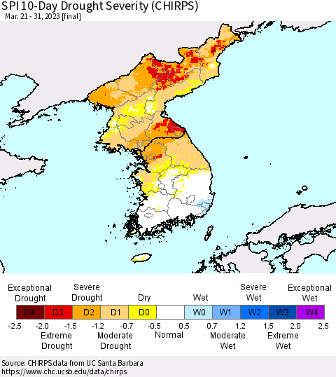 Korea SPI 10-Day Drought Severity (CHIRPS) Thematic Map For 3/21/2023 - 3/31/2023