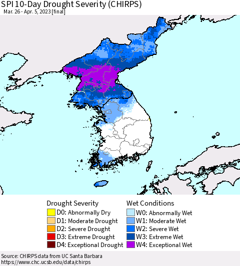 Korea SPI 10-Day Drought Severity (CHIRPS) Thematic Map For 3/26/2023 - 4/5/2023