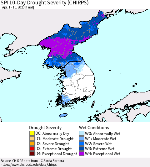 Korea SPI 10-Day Drought Severity (CHIRPS) Thematic Map For 4/1/2023 - 4/10/2023
