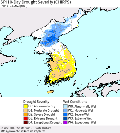 Korea SPI 10-Day Drought Severity (CHIRPS) Thematic Map For 4/6/2023 - 4/15/2023