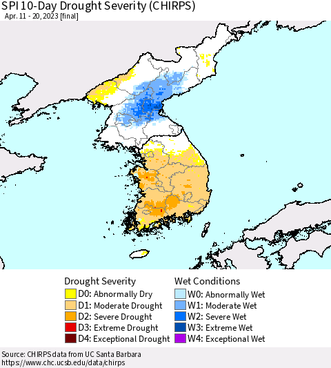 Korea SPI 10-Day Drought Severity (CHIRPS) Thematic Map For 4/11/2023 - 4/20/2023