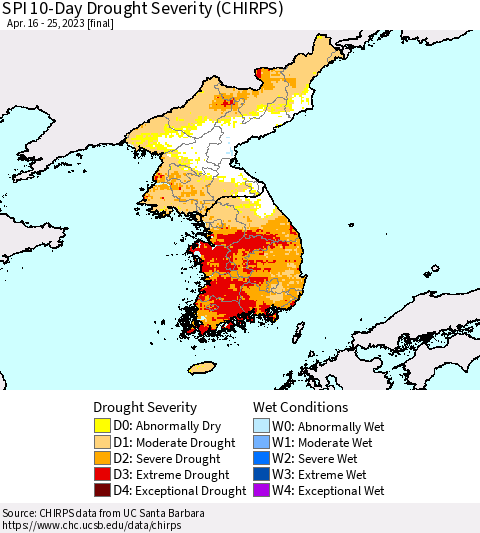 Korea SPI 10-Day Drought Severity (CHIRPS) Thematic Map For 4/16/2023 - 4/25/2023