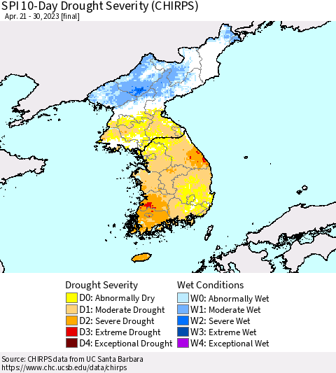 Korea SPI 10-Day Drought Severity (CHIRPS) Thematic Map For 4/21/2023 - 4/30/2023