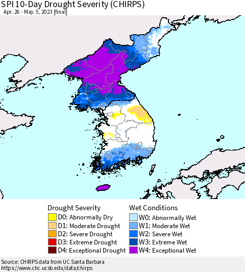 Korea SPI 10-Day Drought Severity (CHIRPS) Thematic Map For 4/26/2023 - 5/5/2023