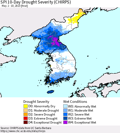 Korea SPI 10-Day Drought Severity (CHIRPS) Thematic Map For 5/1/2023 - 5/10/2023