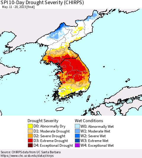 Korea SPI 10-Day Drought Severity (CHIRPS) Thematic Map For 5/11/2023 - 5/20/2023