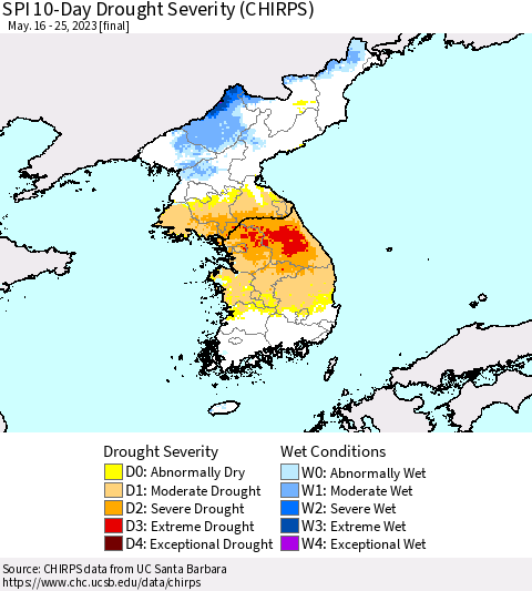 Korea SPI 10-Day Drought Severity (CHIRPS) Thematic Map For 5/16/2023 - 5/25/2023