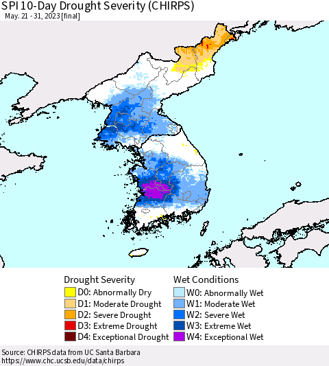 Korea SPI 10-Day Drought Severity (CHIRPS) Thematic Map For 5/21/2023 - 5/31/2023