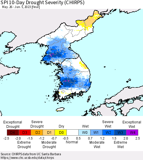 Korea SPI 10-Day Drought Severity (CHIRPS) Thematic Map For 5/26/2023 - 6/5/2023