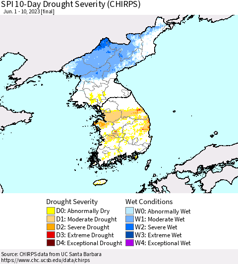 Korea SPI 10-Day Drought Severity (CHIRPS) Thematic Map For 6/1/2023 - 6/10/2023