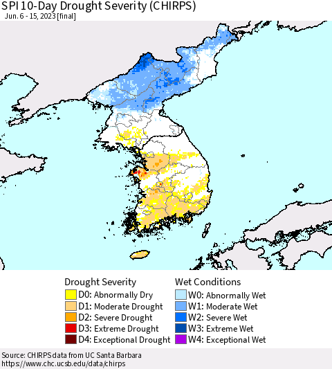Korea SPI 10-Day Drought Severity (CHIRPS) Thematic Map For 6/6/2023 - 6/15/2023