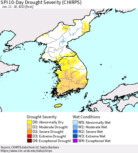 Korea SPI 10-Day Drought Severity (CHIRPS) Thematic Map For 6/11/2023 - 6/20/2023