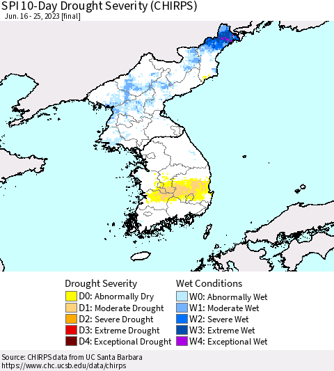 Korea SPI 10-Day Drought Severity (CHIRPS) Thematic Map For 6/16/2023 - 6/25/2023