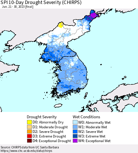 Korea SPI 10-Day Drought Severity (CHIRPS) Thematic Map For 6/21/2023 - 6/30/2023