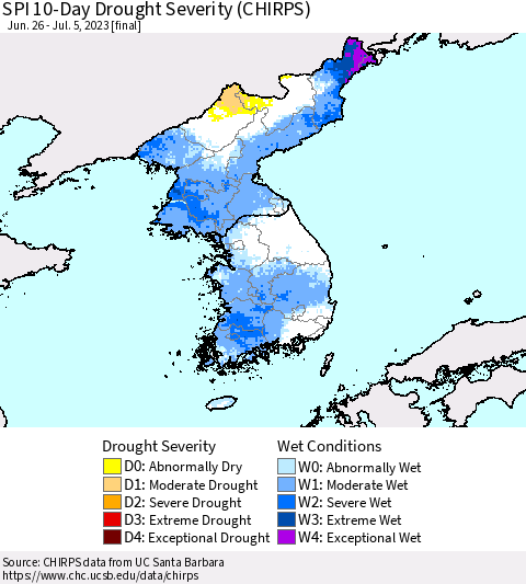 Korea SPI 10-Day Drought Severity (CHIRPS) Thematic Map For 6/26/2023 - 7/5/2023