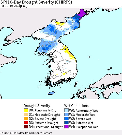 Korea SPI 10-Day Drought Severity (CHIRPS) Thematic Map For 7/1/2023 - 7/10/2023