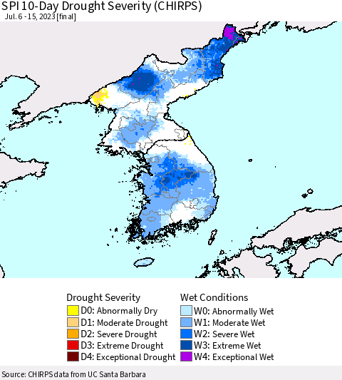 Korea SPI 10-Day Drought Severity (CHIRPS) Thematic Map For 7/6/2023 - 7/15/2023