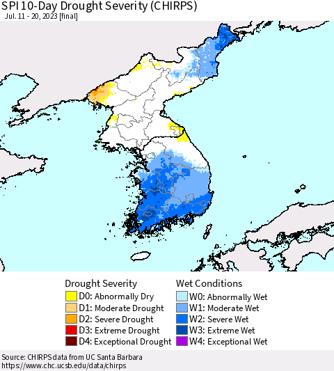 Korea SPI 10-Day Drought Severity (CHIRPS) Thematic Map For 7/11/2023 - 7/20/2023