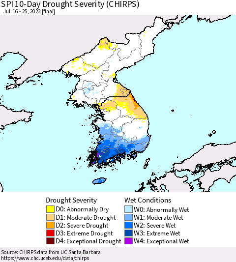Korea SPI 10-Day Drought Severity (CHIRPS) Thematic Map For 7/16/2023 - 7/25/2023
