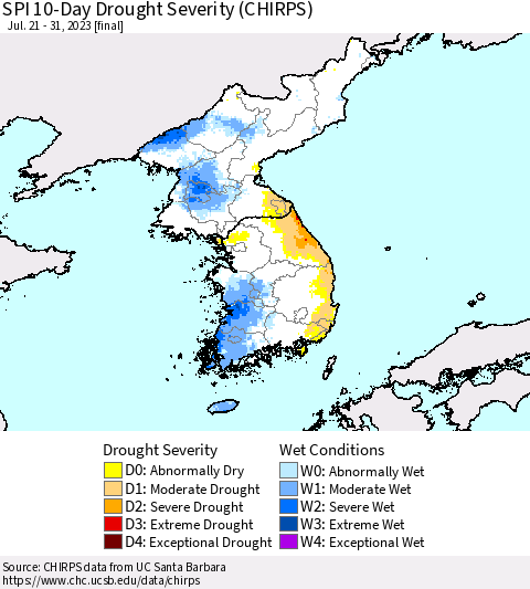 Korea SPI 10-Day Drought Severity (CHIRPS) Thematic Map For 7/21/2023 - 7/31/2023