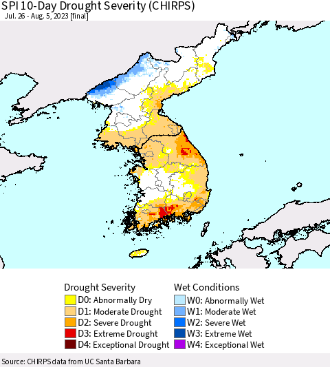 Korea SPI 10-Day Drought Severity (CHIRPS) Thematic Map For 7/26/2023 - 8/5/2023