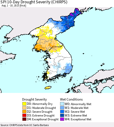Korea SPI 10-Day Drought Severity (CHIRPS) Thematic Map For 8/1/2023 - 8/10/2023