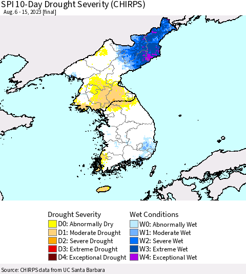 Korea SPI 10-Day Drought Severity (CHIRPS) Thematic Map For 8/6/2023 - 8/15/2023
