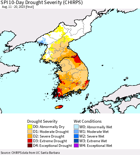 Korea SPI 10-Day Drought Severity (CHIRPS) Thematic Map For 8/11/2023 - 8/20/2023