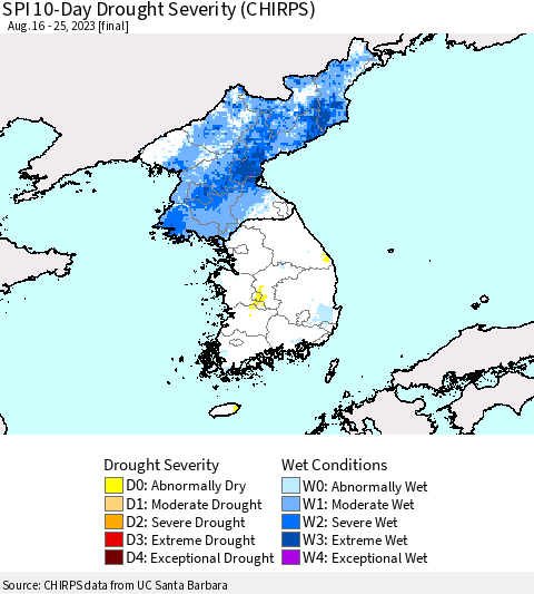 Korea SPI 10-Day Drought Severity (CHIRPS) Thematic Map For 8/16/2023 - 8/25/2023
