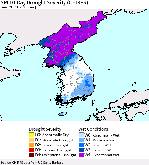 Korea SPI 10-Day Drought Severity (CHIRPS) Thematic Map For 8/21/2023 - 8/31/2023