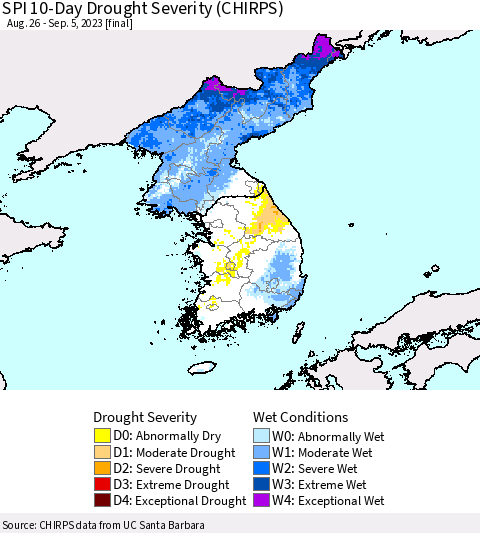 Korea SPI 10-Day Drought Severity (CHIRPS) Thematic Map For 8/26/2023 - 9/5/2023