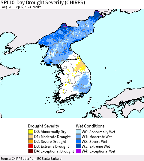 Korea SPI 10-Day Drought Severity (CHIRPS) Thematic Map For 8/26/2023 - 9/5/2023
